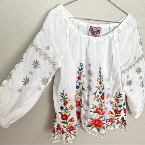 Johnny Was White Linen Hazelton Peasant Tie Blouse - Picture 5 of 9